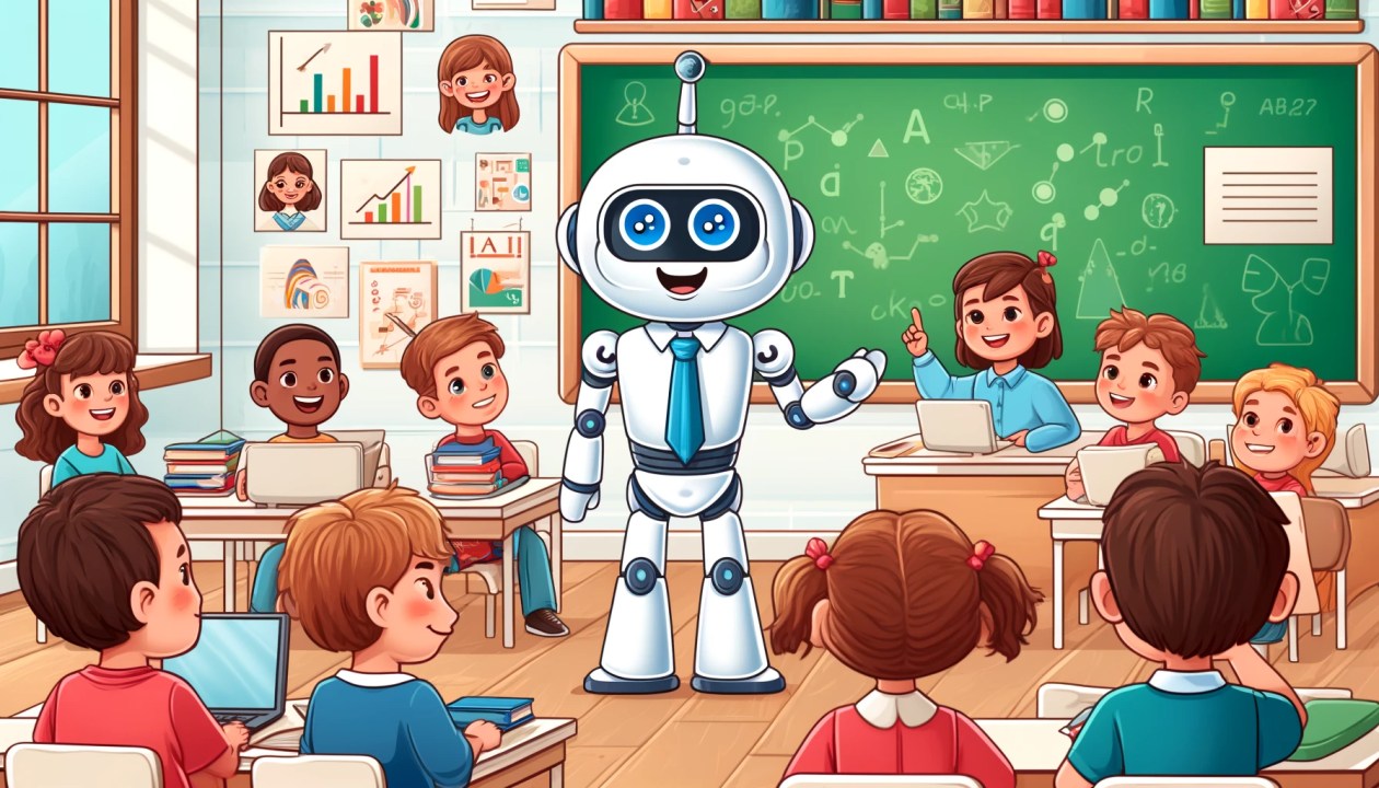 Sinf xonasida bolalarga saboq berayotgan doʻstona sunʼiy intellekt taʼlim roboti